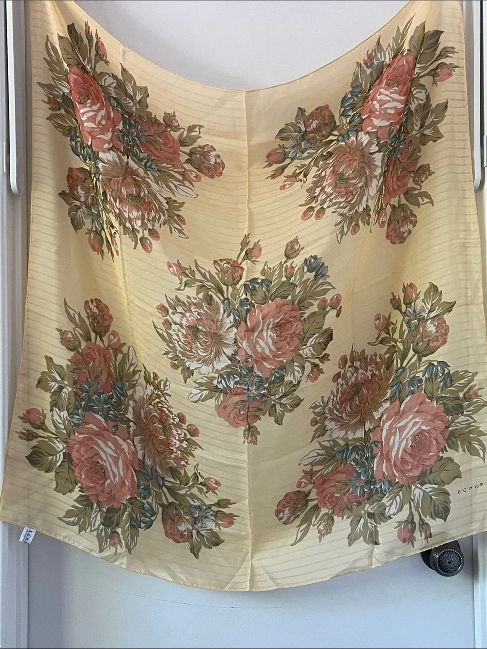 Vintage Echo Silk Scarf Sheer Floral Yellow 34x36 Cottagecore Romantic Square